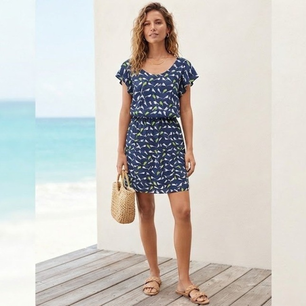 Banana Republic Bird Print Blouson Dress Navy Blue Medium NWT Whimsical
